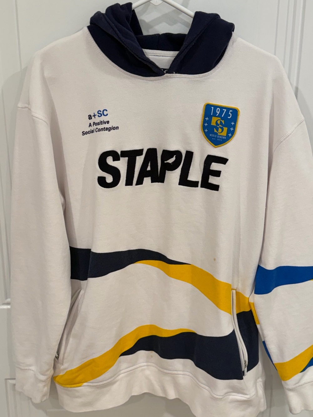 Staple Heavy Weight Soccer White Zip-Up Sweater with Navy Hood